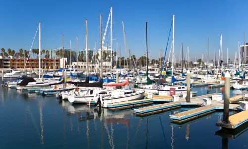 Multiple Boats docked at Marina del Rey on a sunny afternoon.